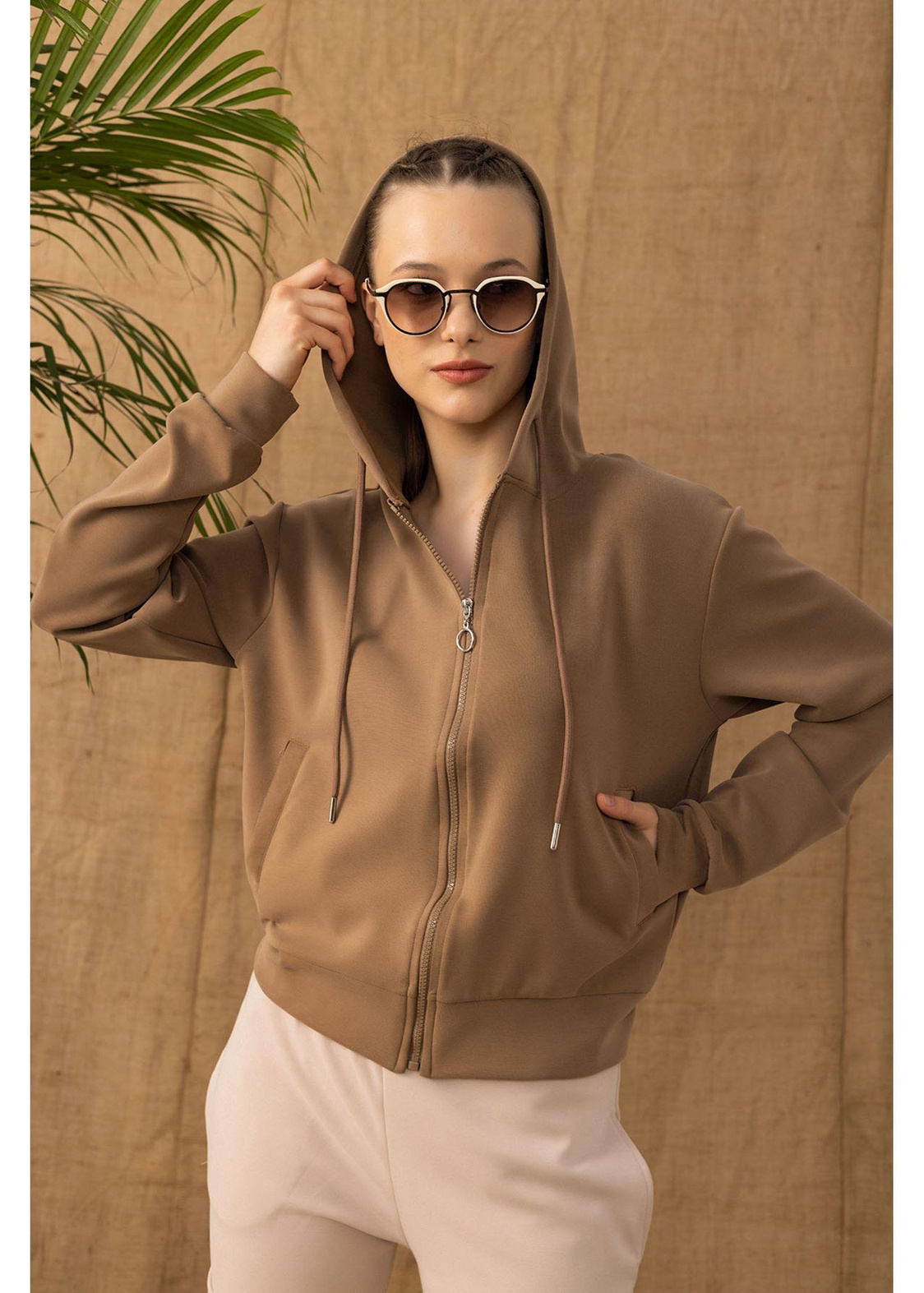 Kapüşonlu Fermuarlı Dalgıç Sweatshirt-Camel