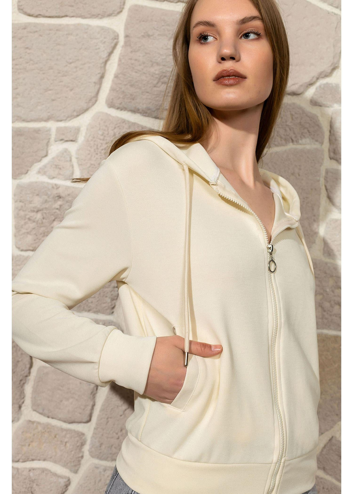 Kapüşonlu Fermuarlı Dalgıç Sweatshirt-Ekru
