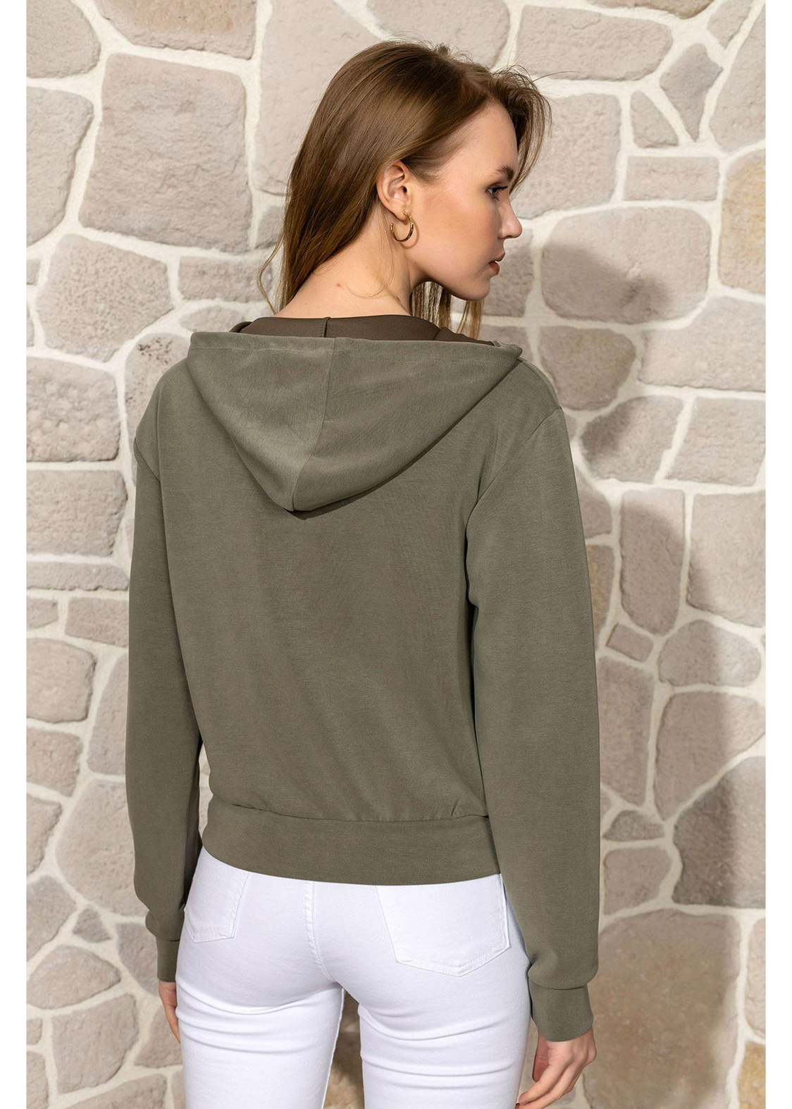 Kapüşonlu Fermuarlı Dalgıç Sweatshirt-Haki