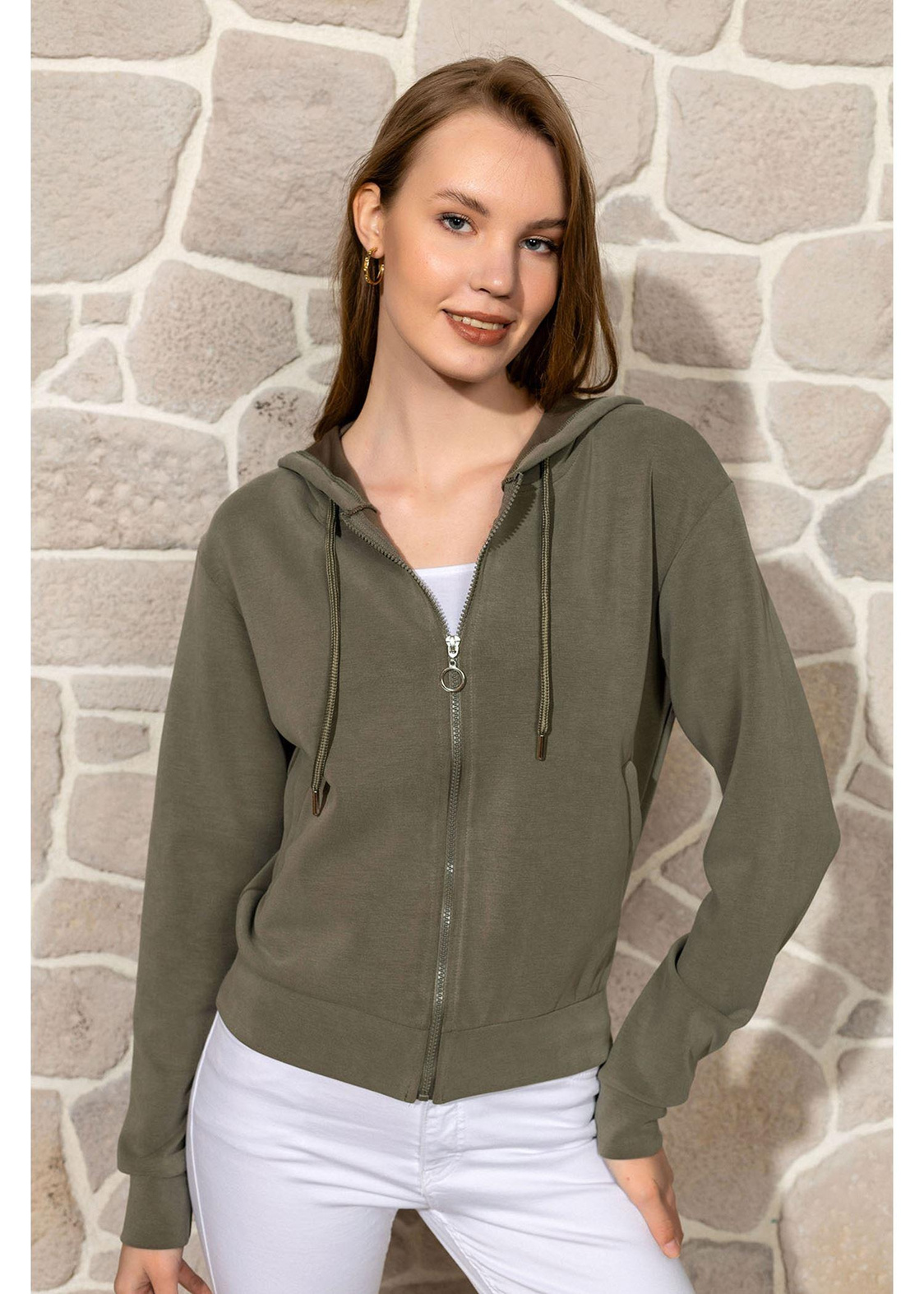 Kapüşonlu Fermuarlı Dalgıç Sweatshirt-Haki