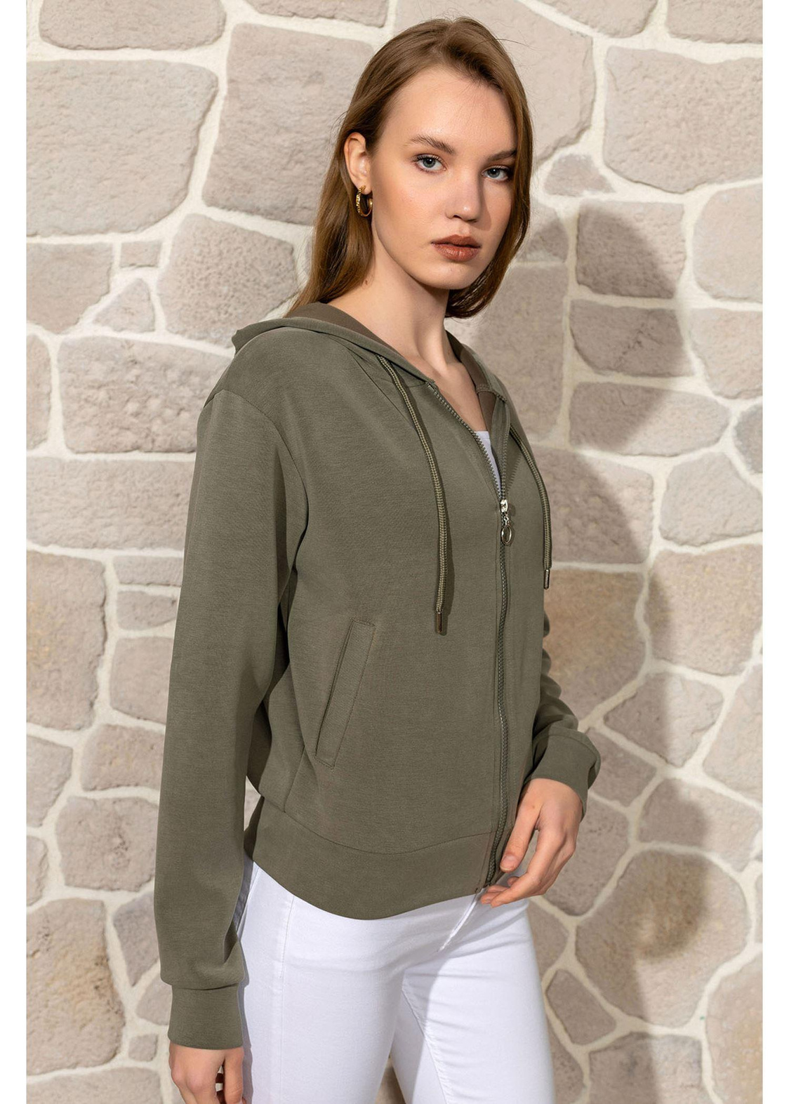 Kapüşonlu Fermuarlı Dalgıç Sweatshirt-Haki