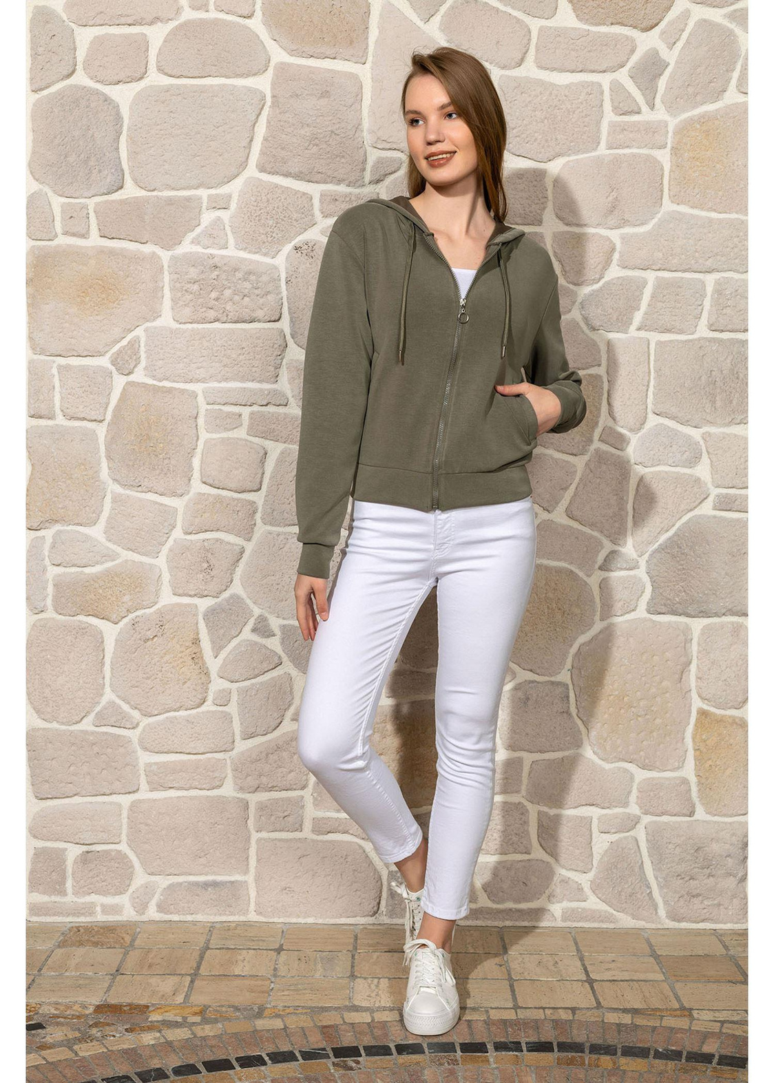 Kapüşonlu Fermuarlı Dalgıç Sweatshirt-Haki