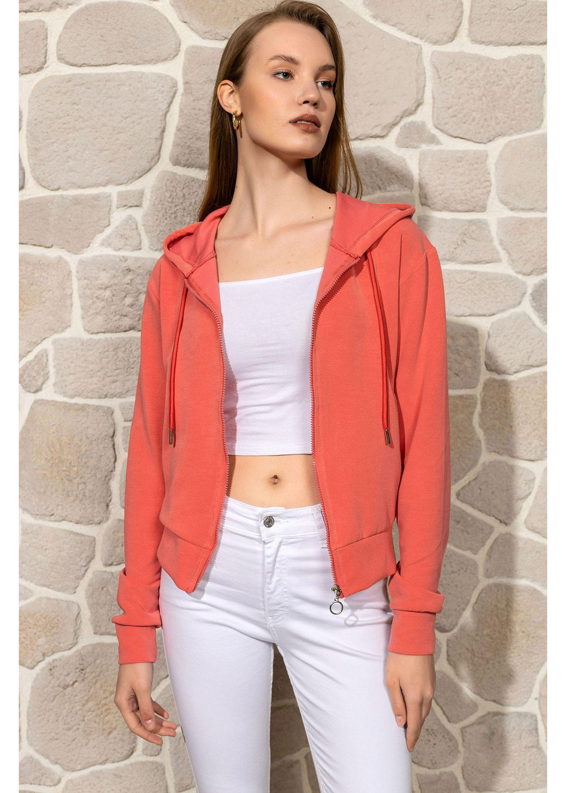 Kapüşonlu Fermuarlı Dalgıç Sweatshirt-Mercan