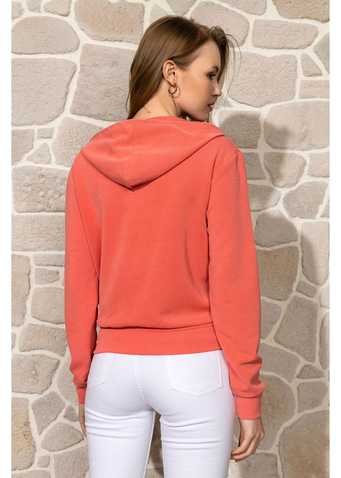 Kapüşonlu Fermuarlı Dalgıç Sweatshirt-Mercan
