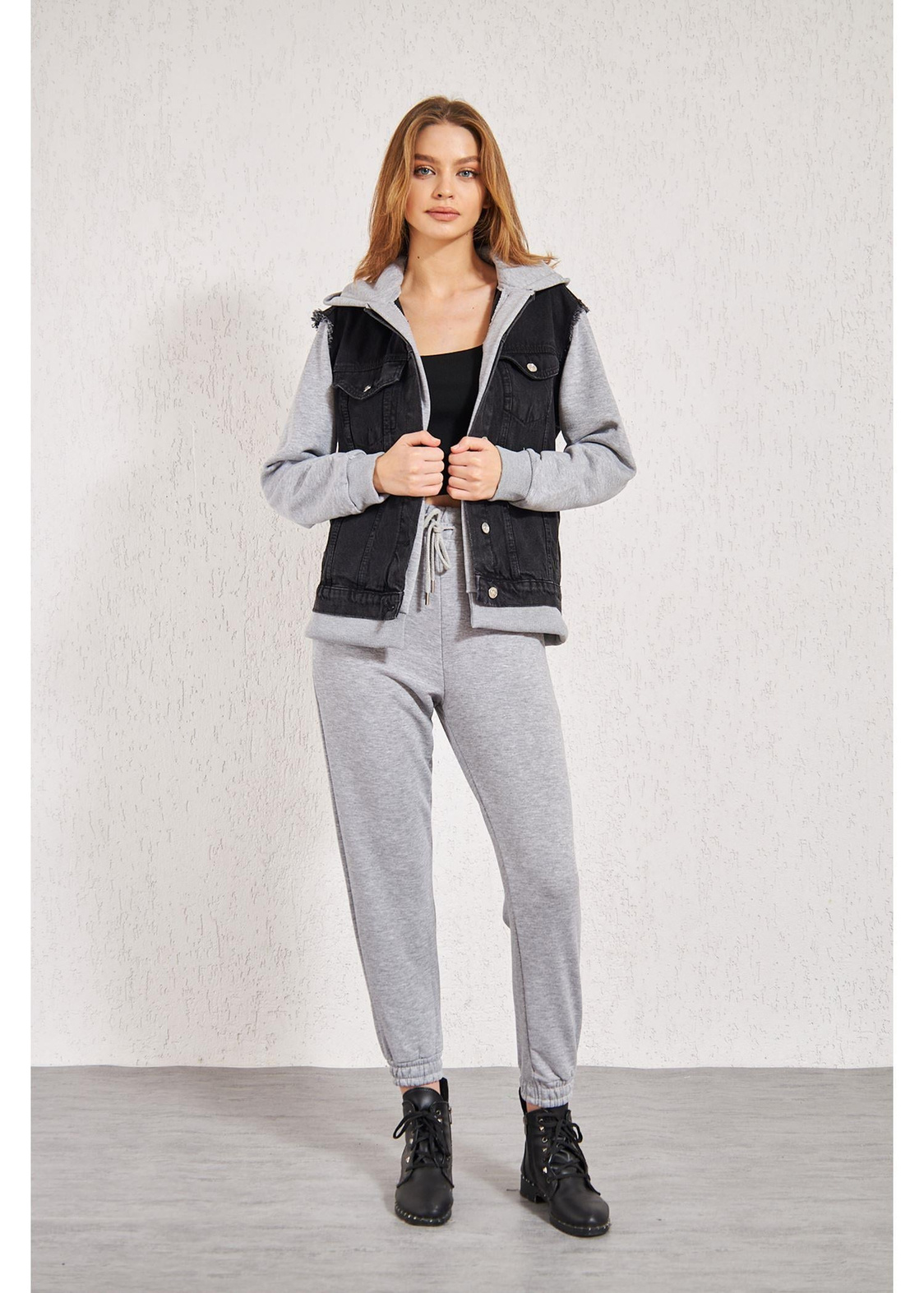 Kapüşonlu Jean Sweat-Gri