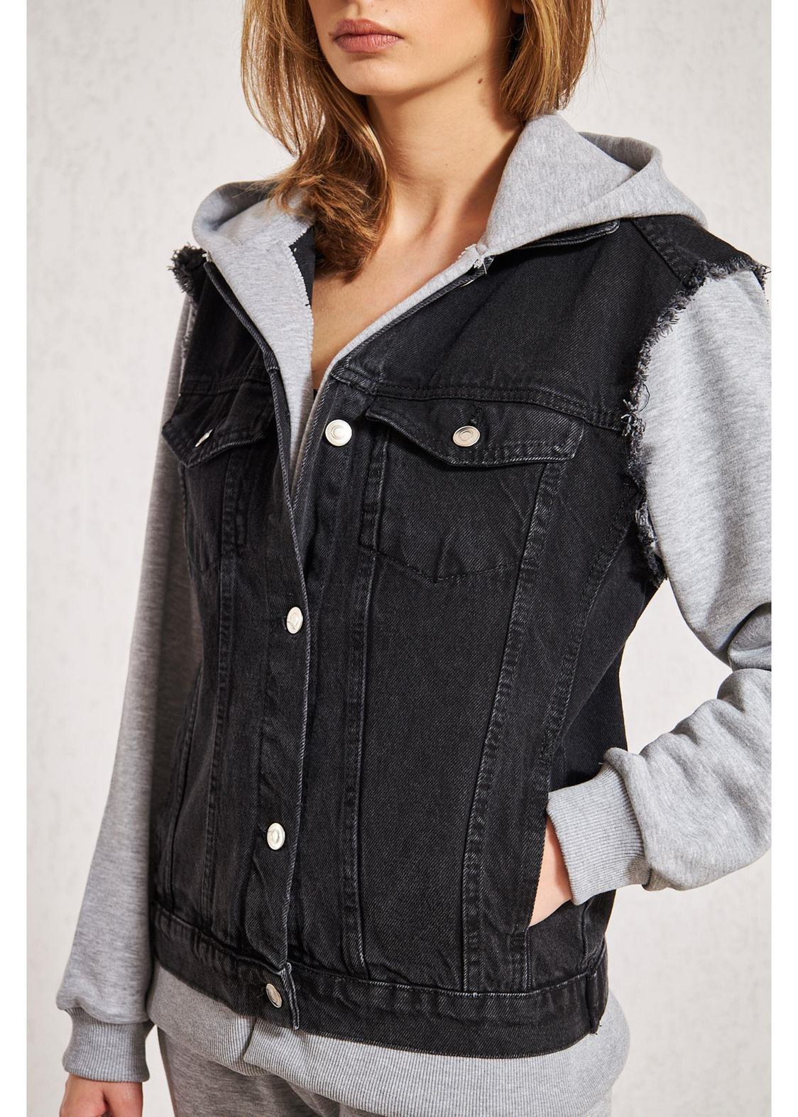 Kapüşonlu Jean Sweat-Gri