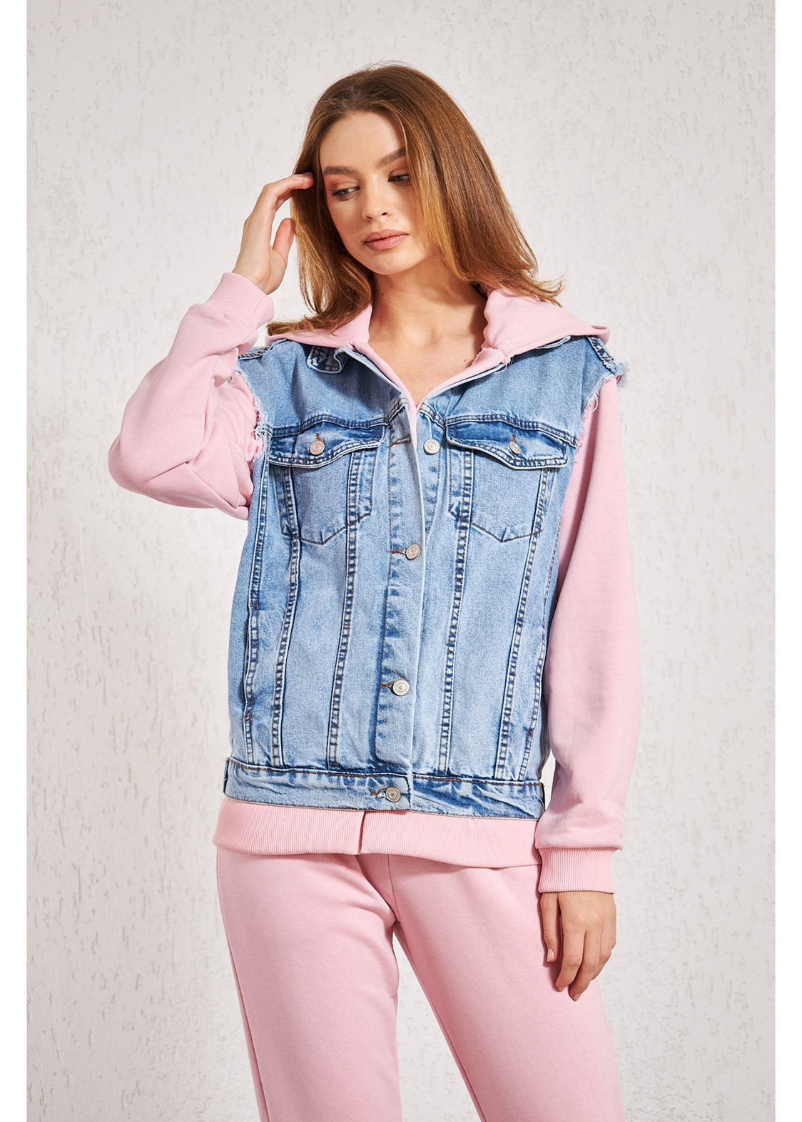 Kapüşonlu Jean Sweat-Pembe