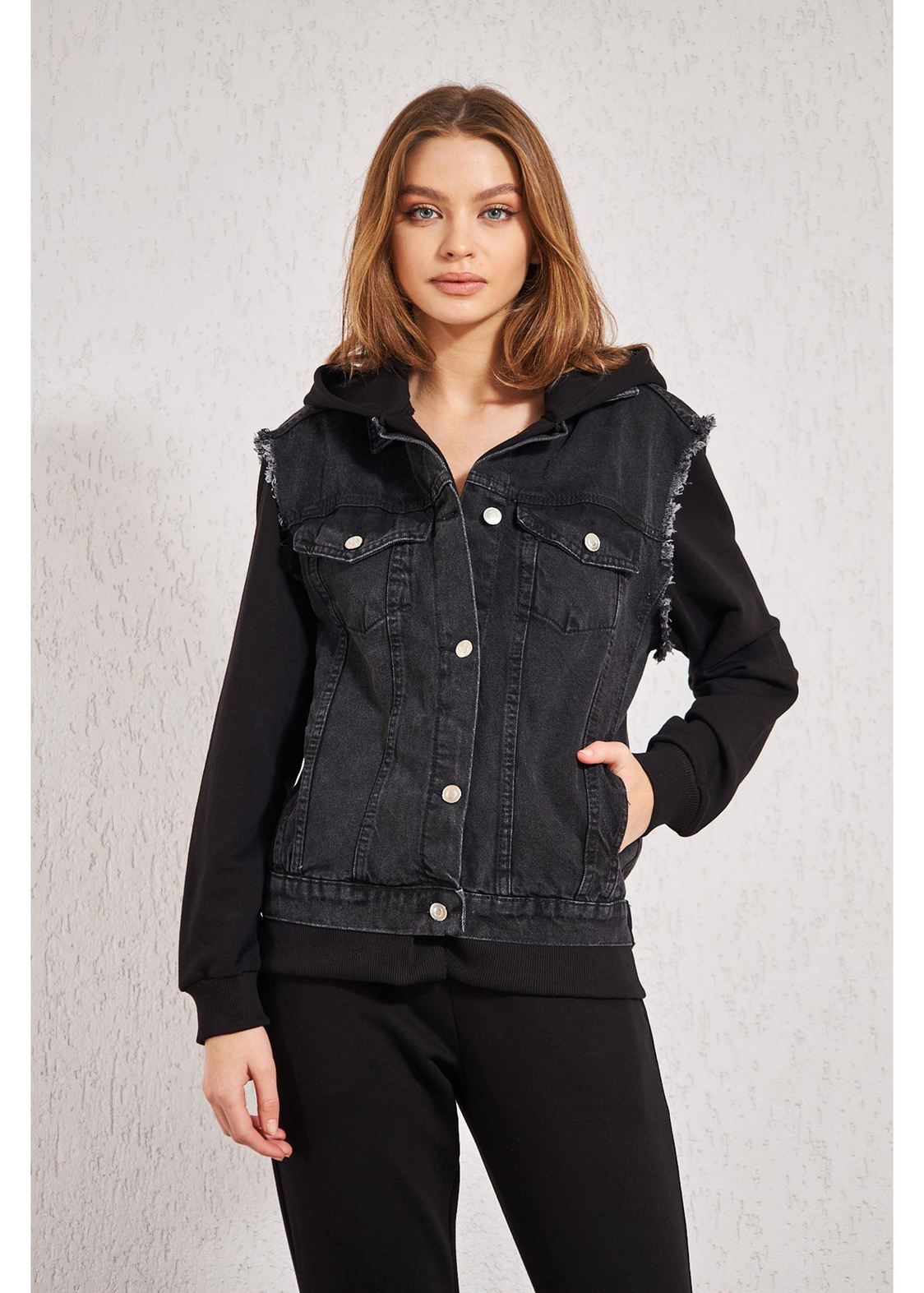 Kapüşonlu Jean Sweat-Siyah