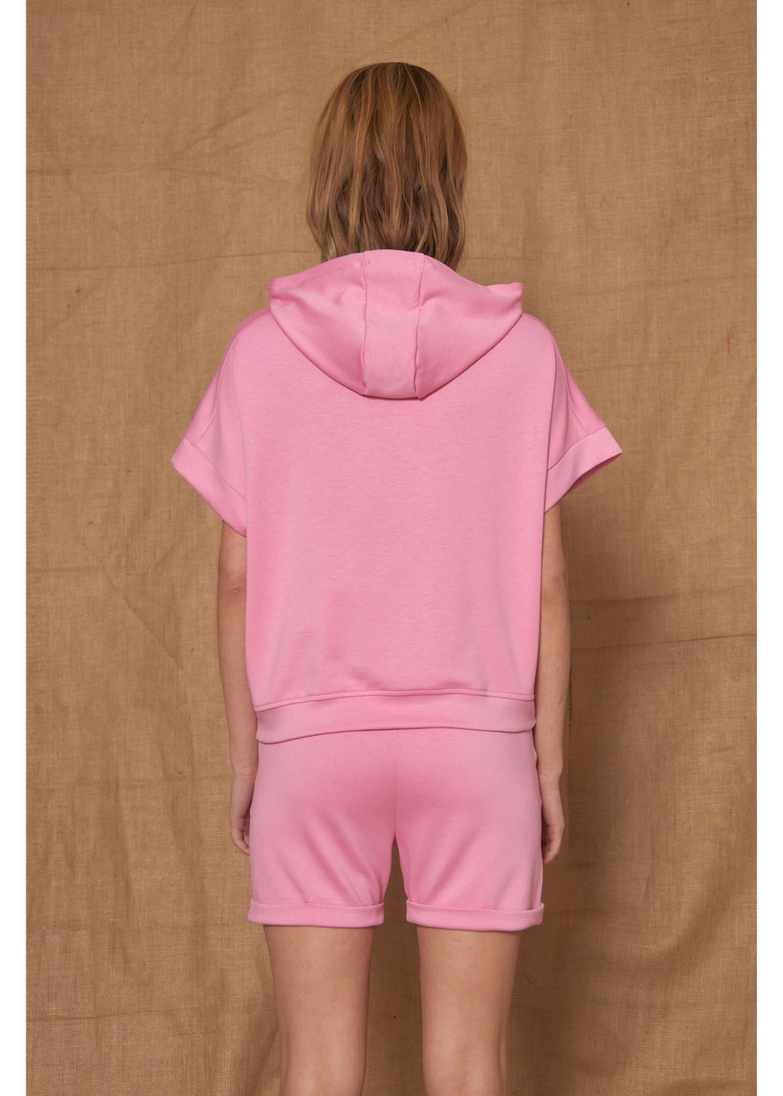 Kapüşonlu Kısa Kol Dalgıç Sweatshirt-Fuşya
