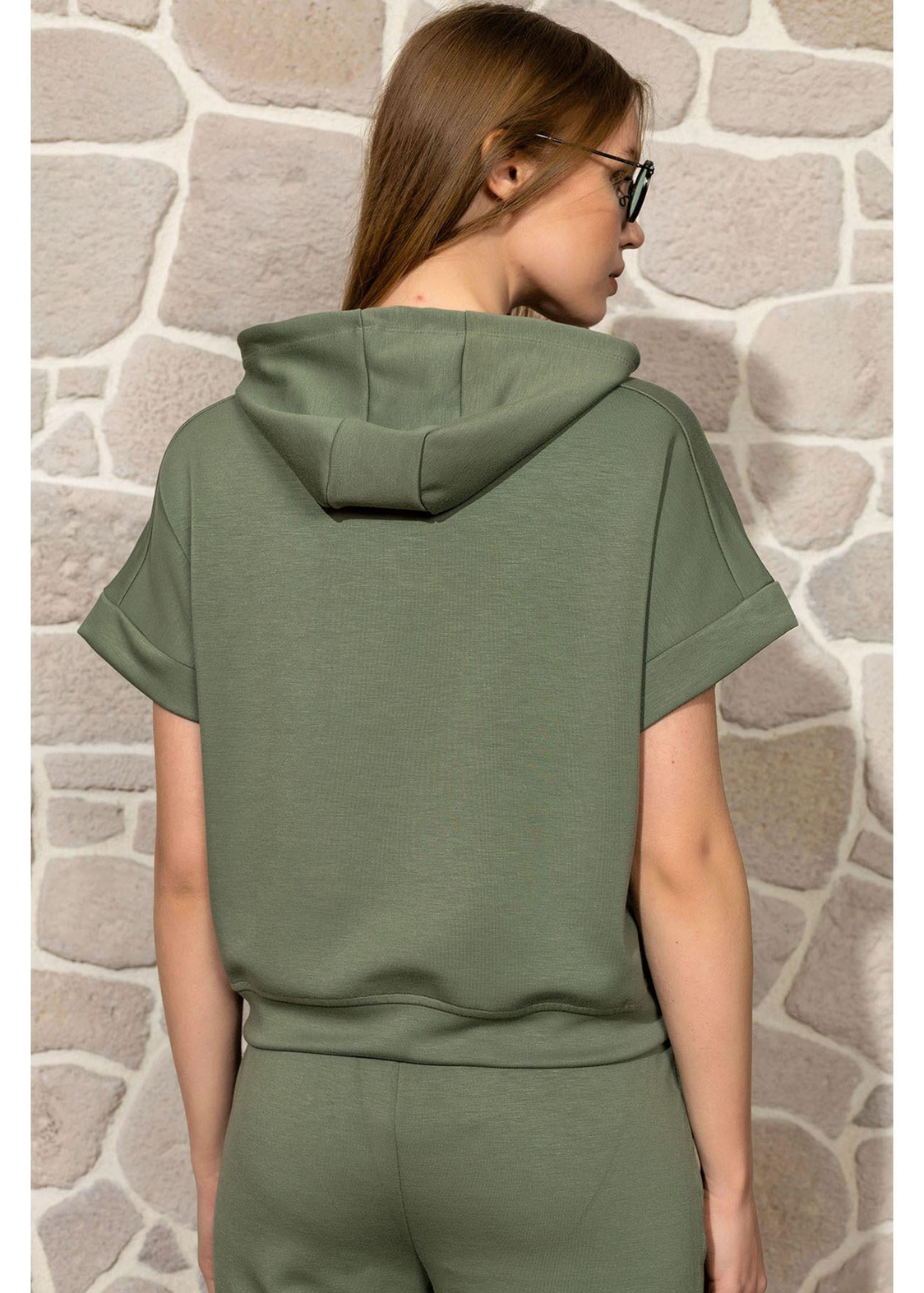 Kapüşonlu Kısa Kol Dalgıç Sweatshirt-Haki