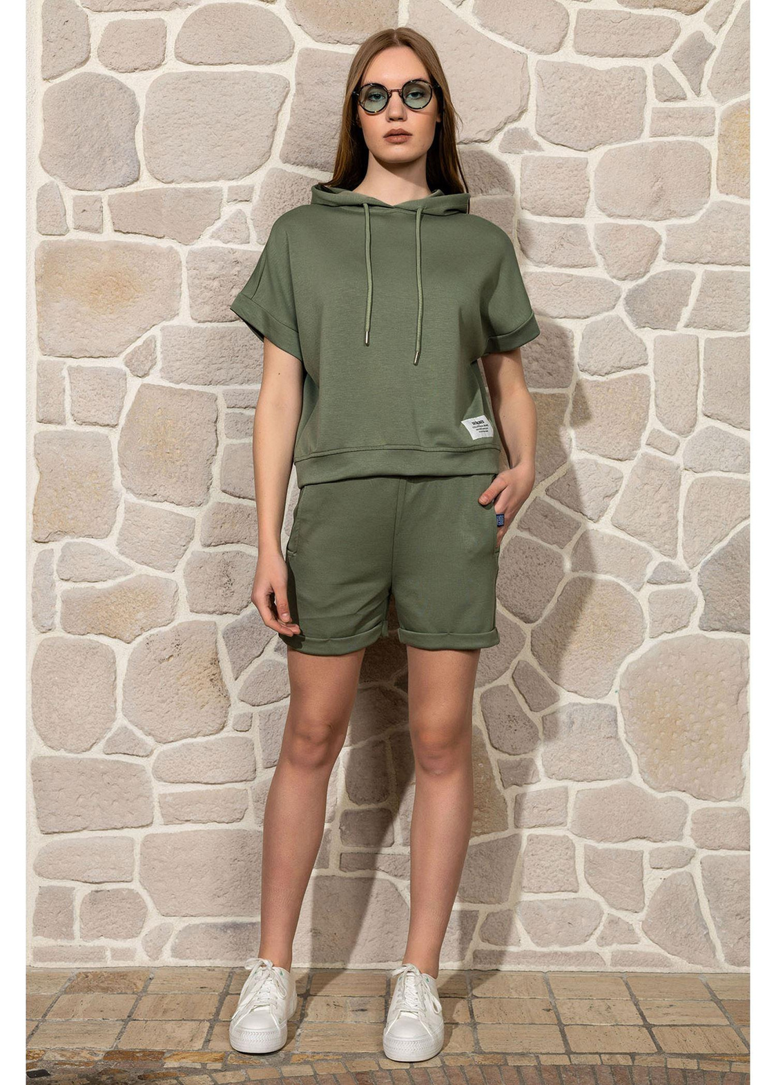 Kapüşonlu Kısa Kol Dalgıç Sweatshirt-Haki