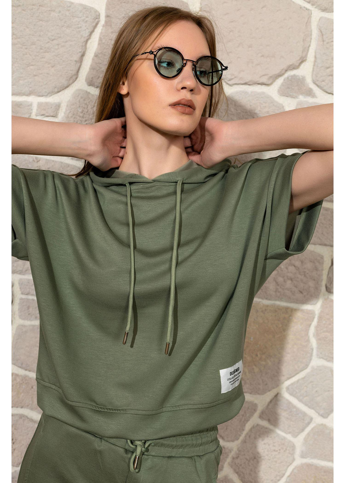 Kapüşonlu Kısa Kol Dalgıç Sweatshirt-Haki