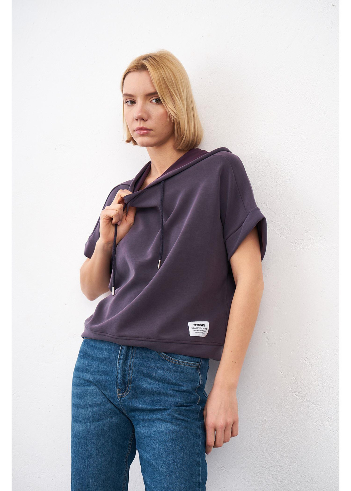 Kapüşonlu Kısa Kol Dalgıç Sweatshirt-Koyu Mor
