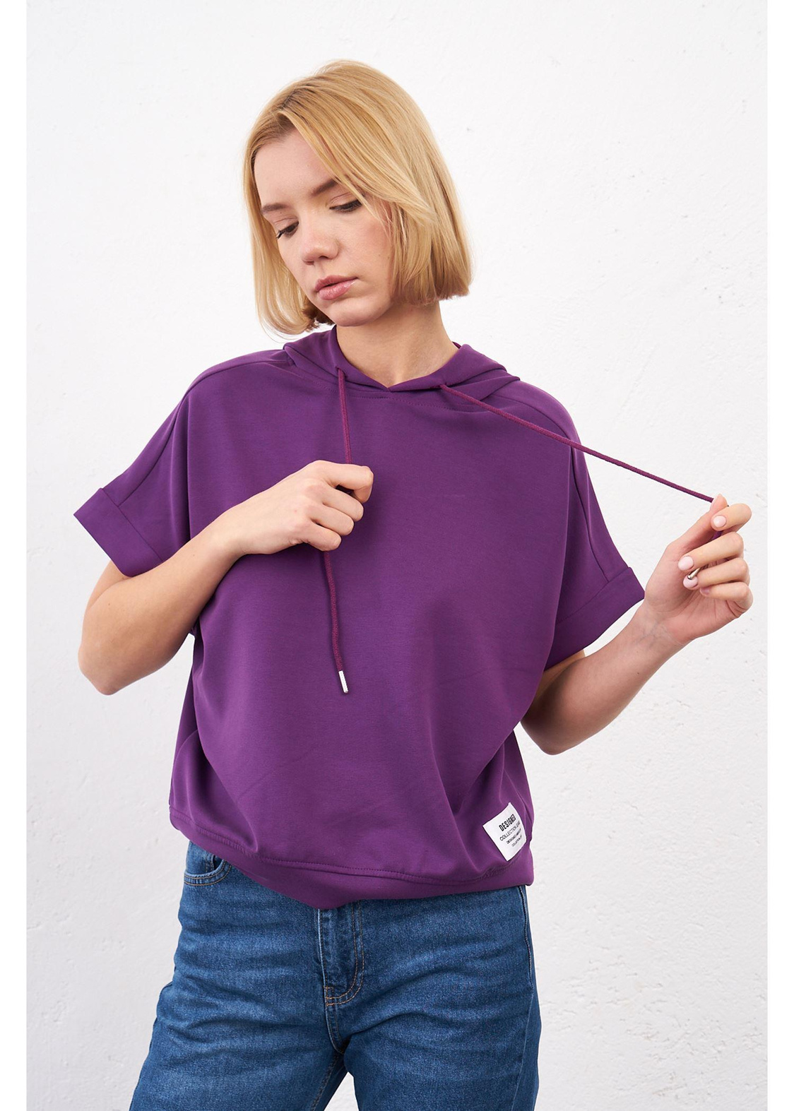 Kapüşonlu Kısa Kol Dalgıç Sweatshirt-Mor