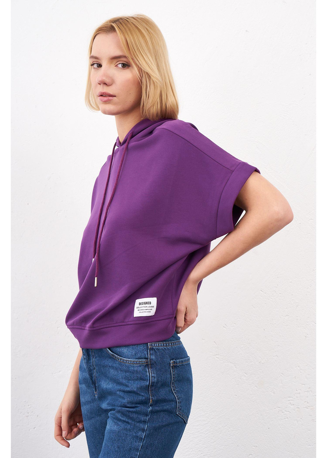 Kapüşonlu Kısa Kol Dalgıç Sweatshirt-Mor