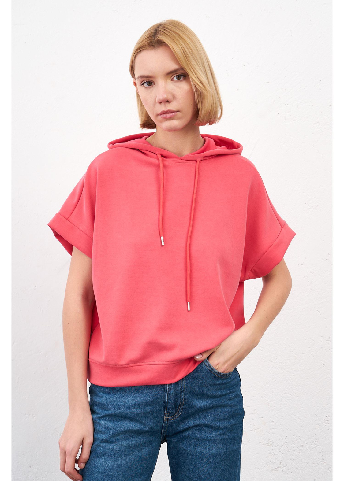 Kapüşonlu Kısa Kol Dalgıç Sweatshirt-Nar Çiçeği
