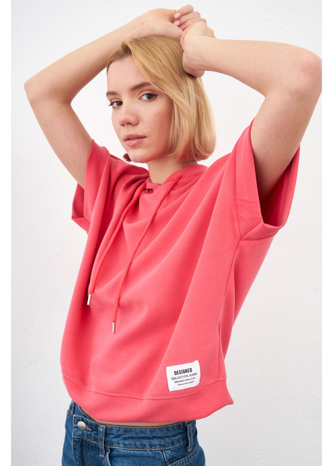 Kapüşonlu Kısa Kol Dalgıç Sweatshirt-Nar Çiçeği