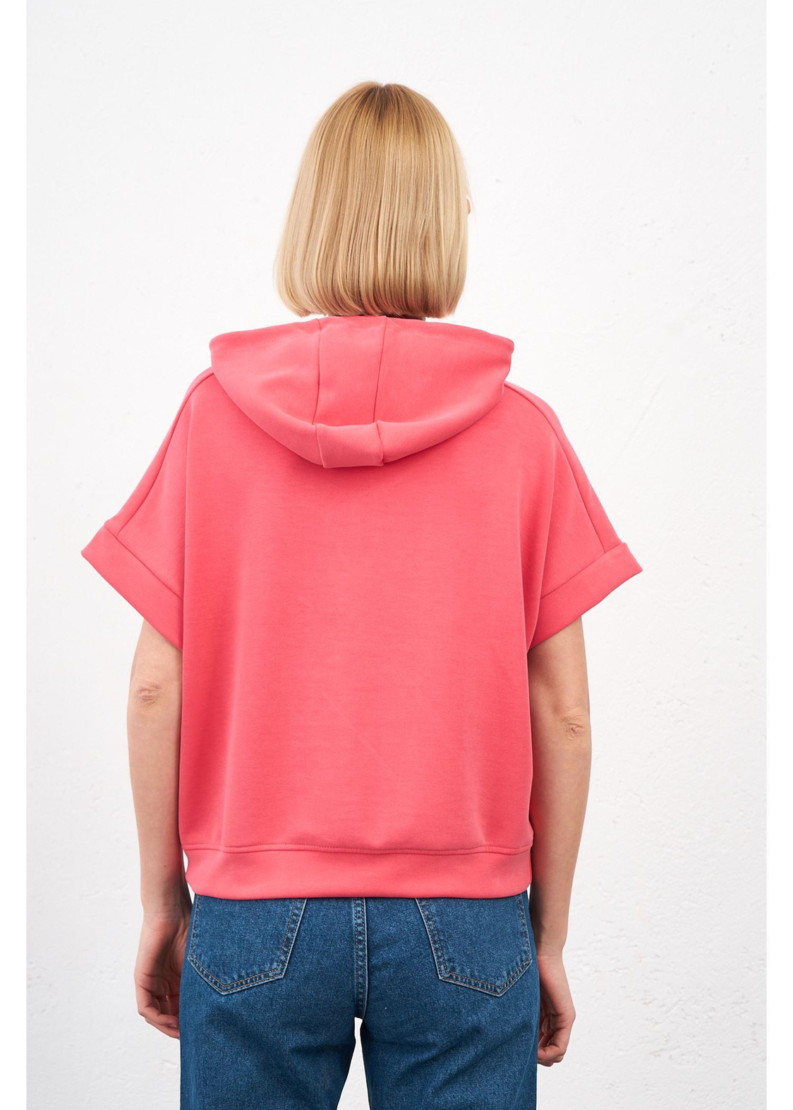 Kapüşonlu Kısa Kol Dalgıç Sweatshirt-Nar Çiçeği