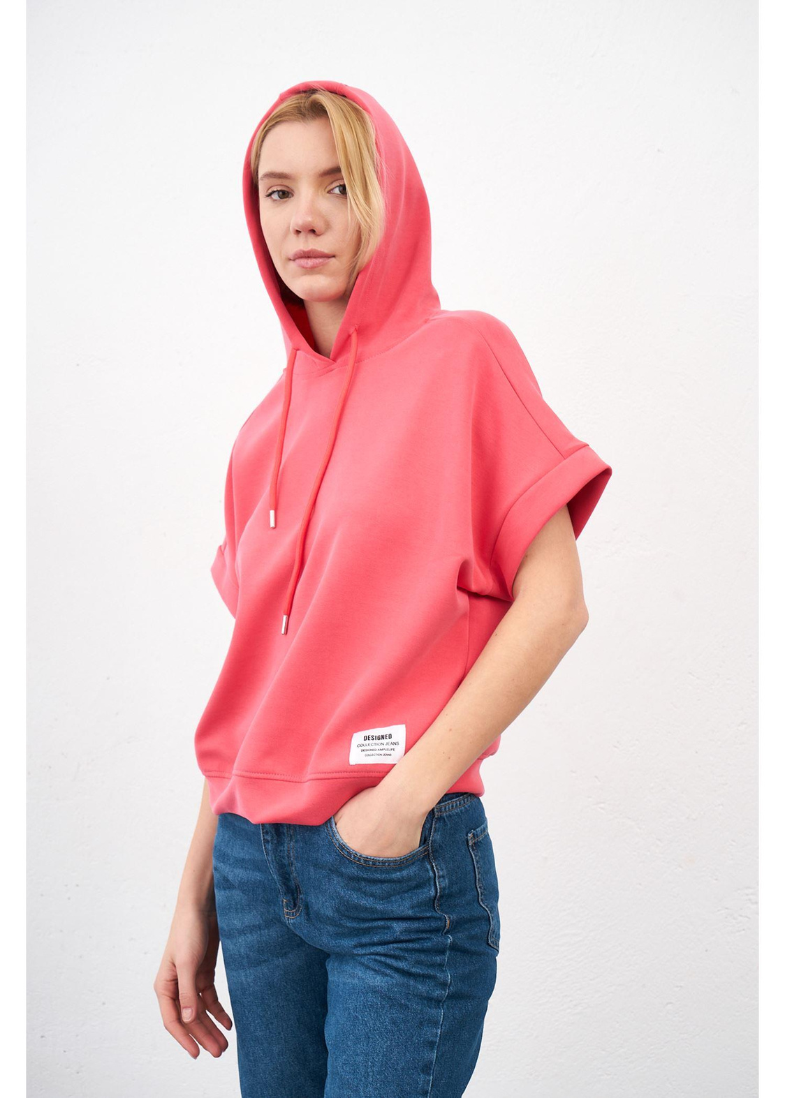 Kapüşonlu Kısa Kol Dalgıç Sweatshirt-Nar Çiçeği