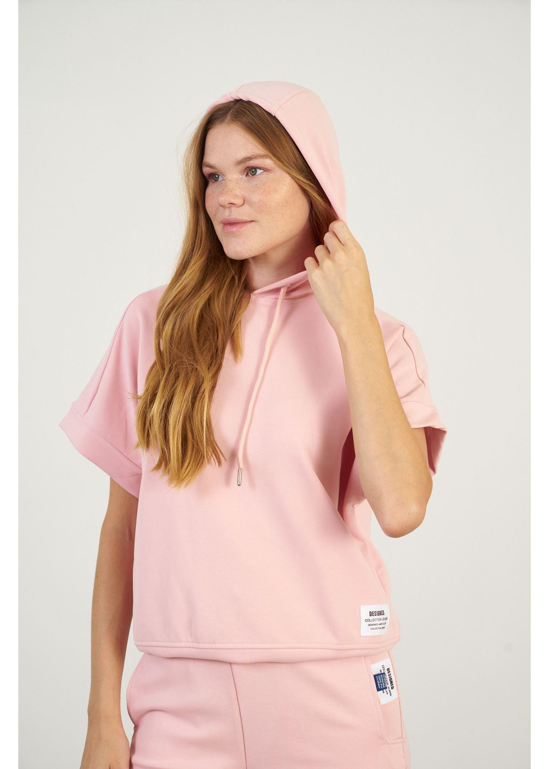 Kapüşonlu Kısa Kol Dalgıç Sweatshirt-Pudra
