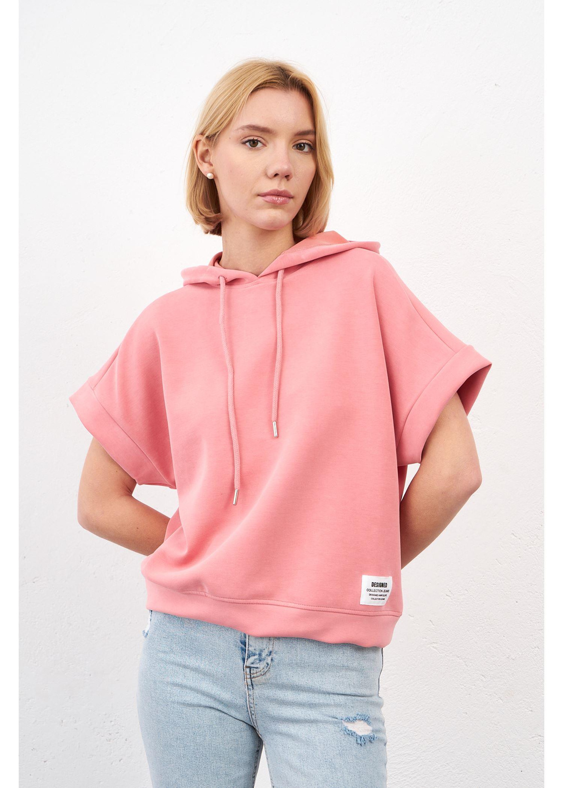 Kapüşonlu Kısa Kol Dalgıç Sweatshirt-Somon