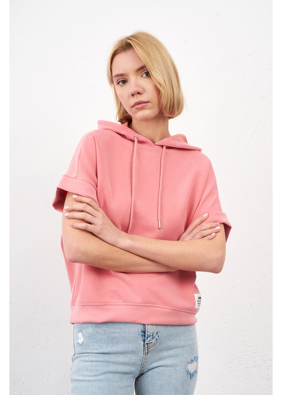Kapüşonlu Kısa Kol Dalgıç Sweatshirt-Somon