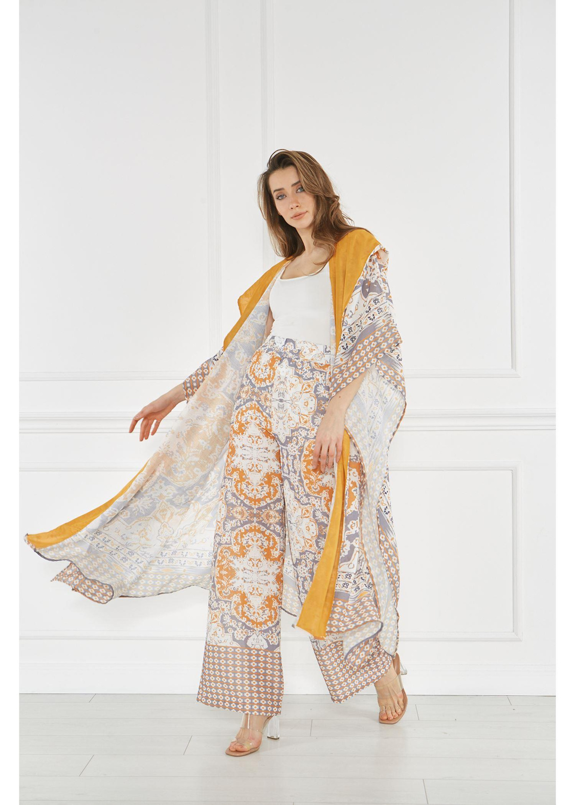 Kapuşonlu Pono Desen Kimono-Ekru