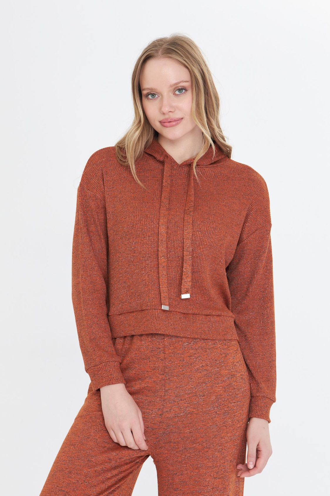 Kapüşonlu Triko Sweatshirt - Tarçın