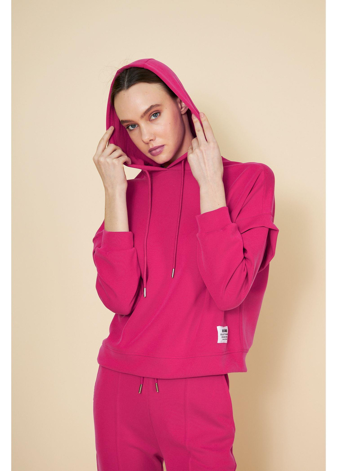 Kapüşonlu Uzun Kol Dalgıç Sweatshirt-Fuşya