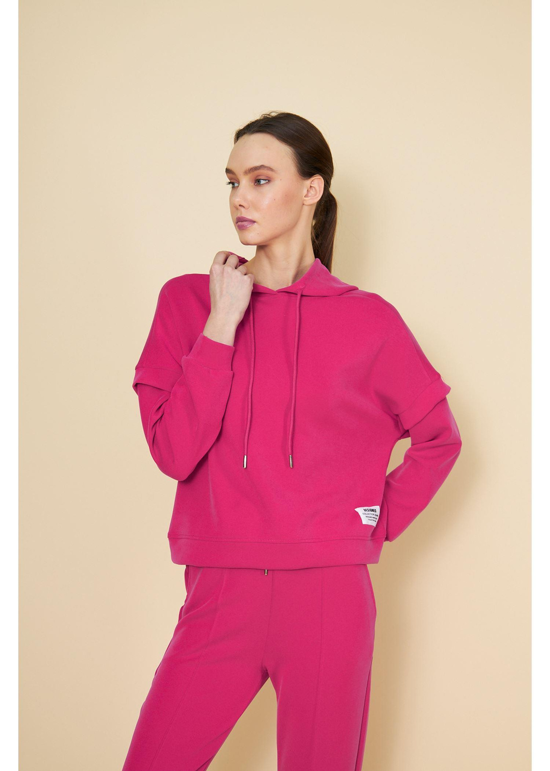 Kapüşonlu Uzun Kol Dalgıç Sweatshirt-Fuşya