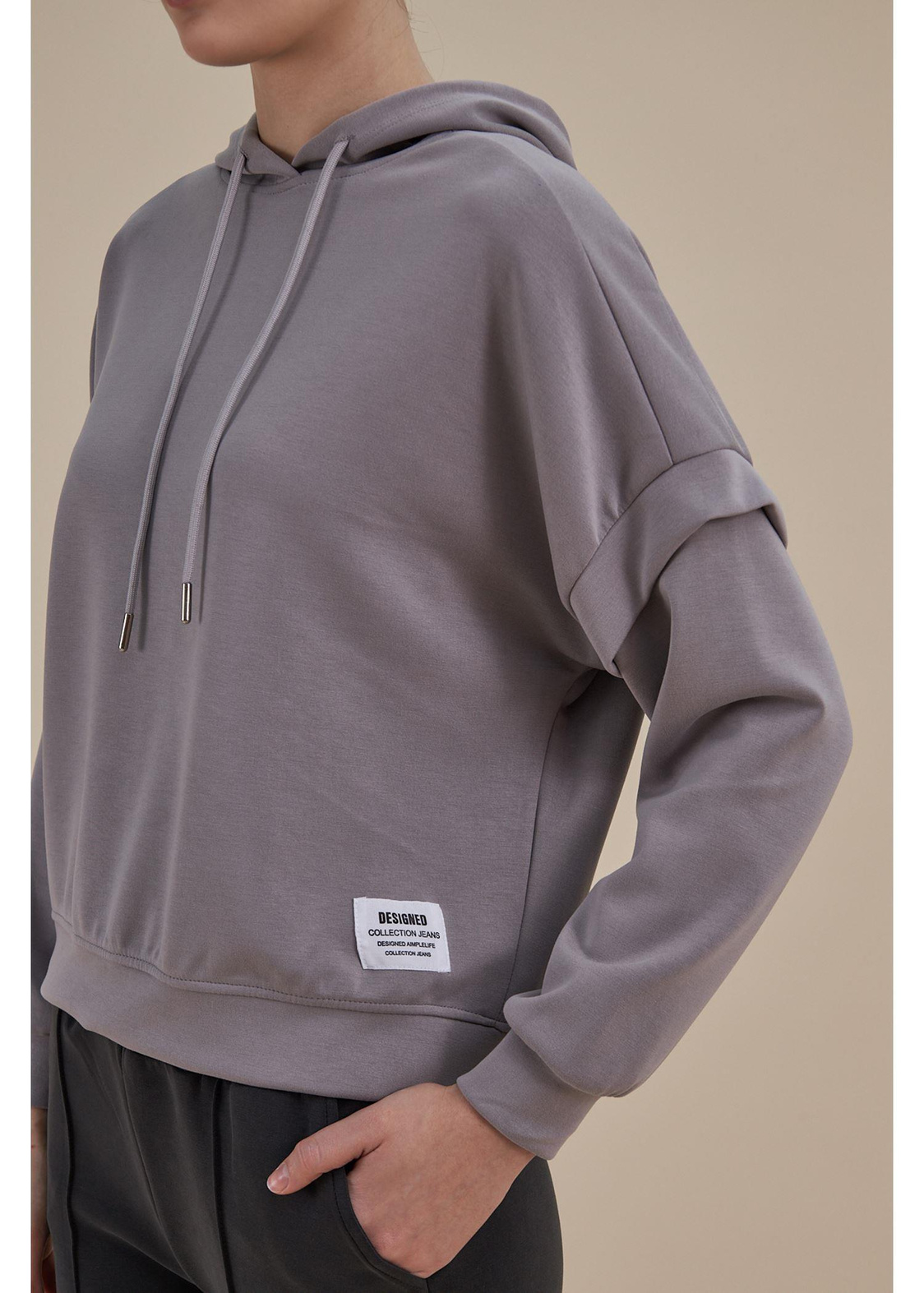 Kapüşonlu Uzun Kol Dalgıç Sweatshirt-Gri