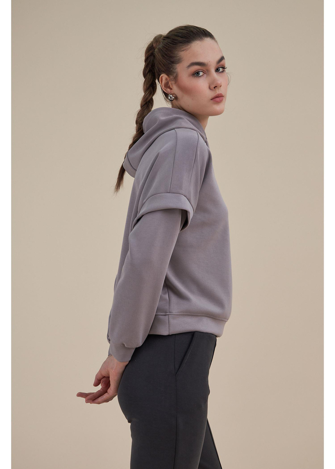 Kapüşonlu Uzun Kol Dalgıç Sweatshirt-Gri