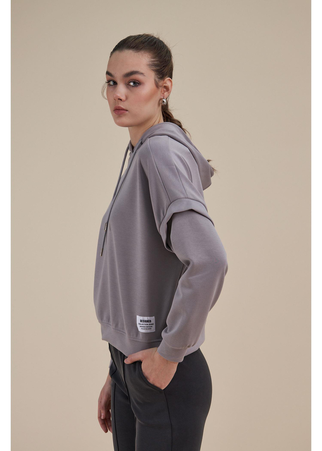 Kapüşonlu Uzun Kol Dalgıç Sweatshirt-Gri