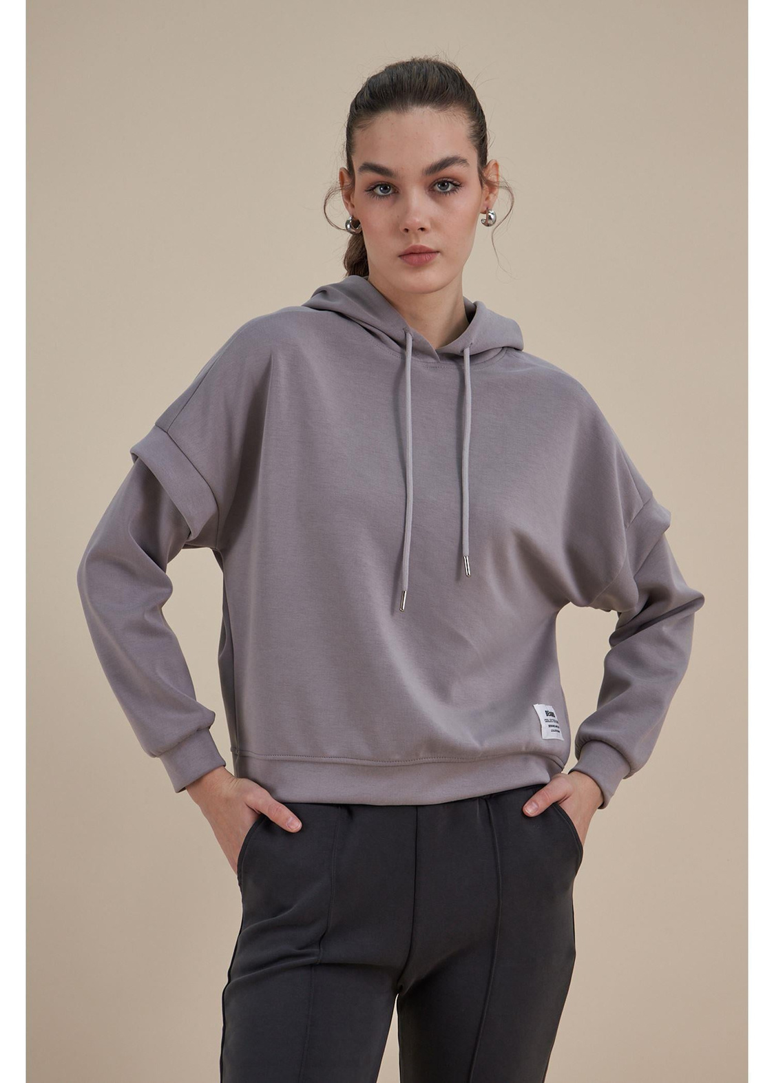 Kapüşonlu Uzun Kol Dalgıç Sweatshirt-Gri