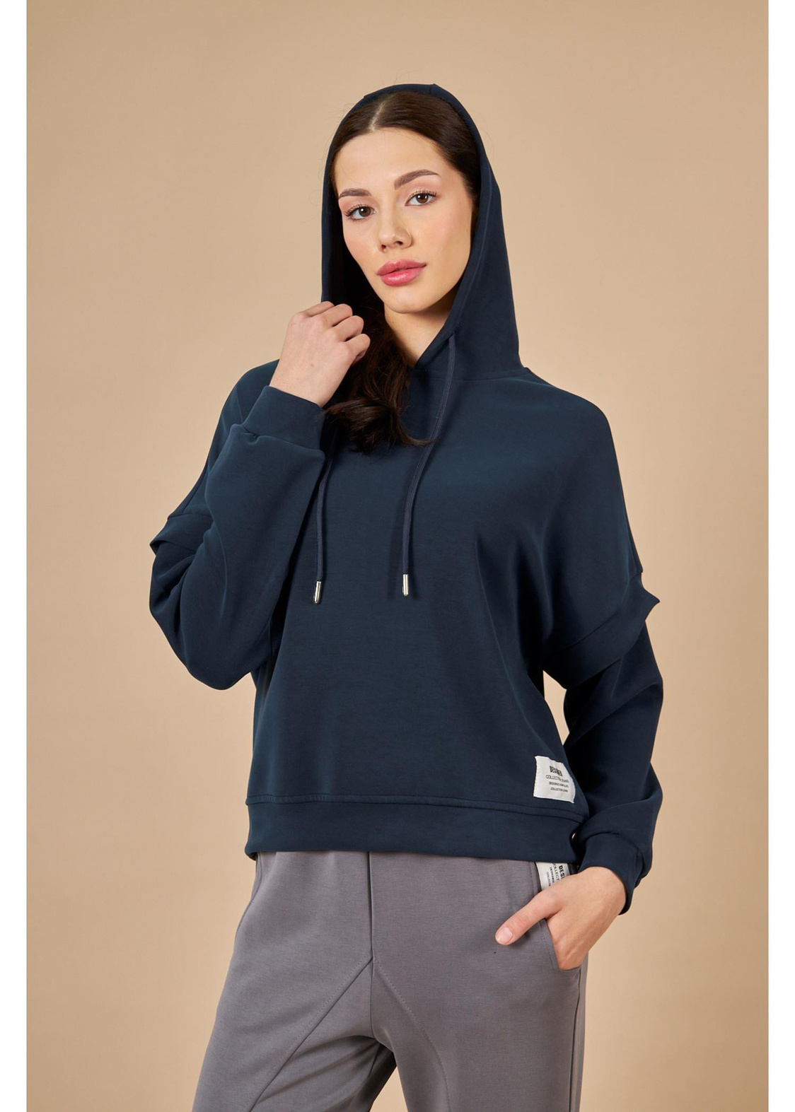 Kapüşonlu Uzun Kol Dalgıç Sweatshirt-Lacivert