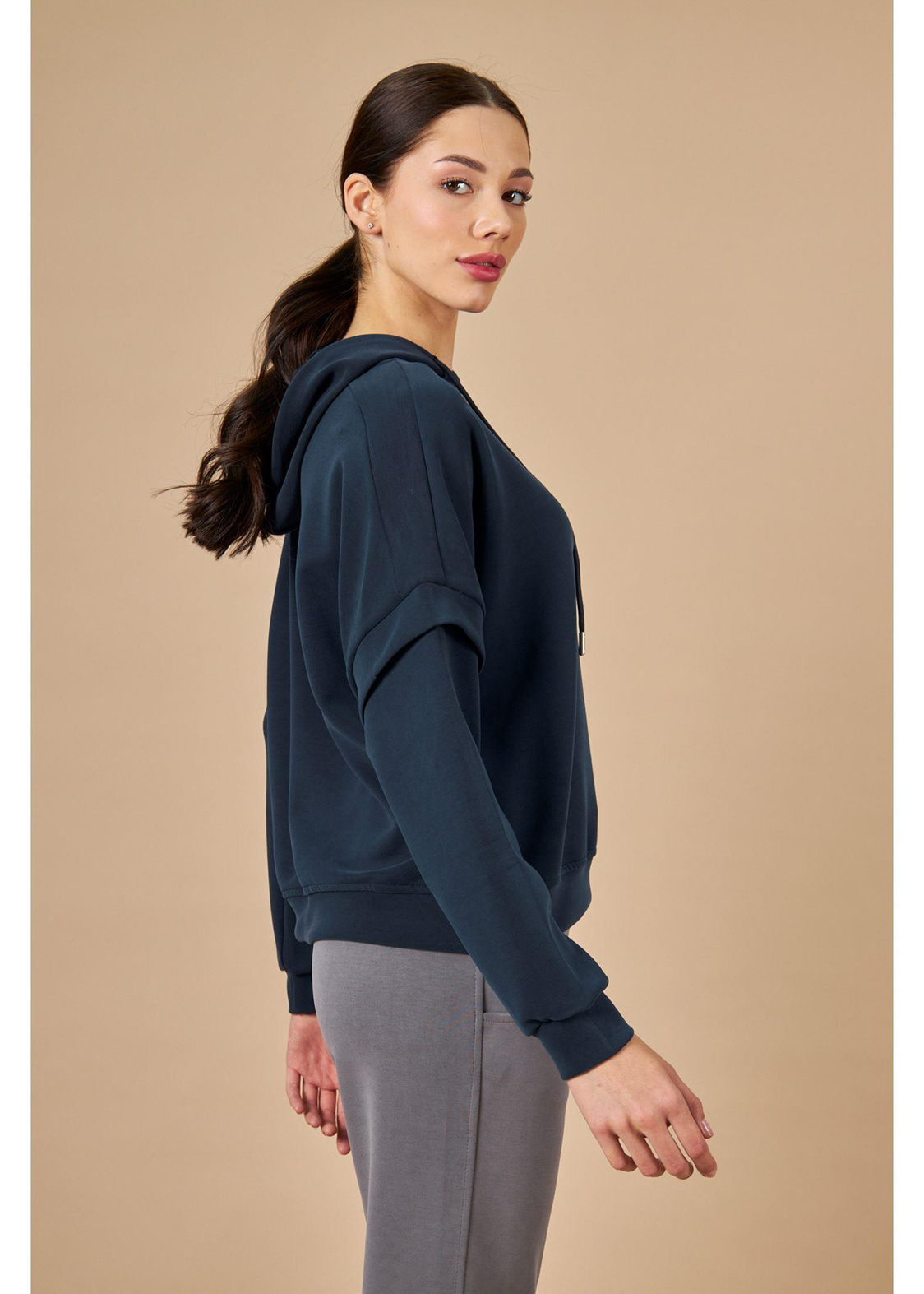 Kapüşonlu Uzun Kol Dalgıç Sweatshirt-Lacivert