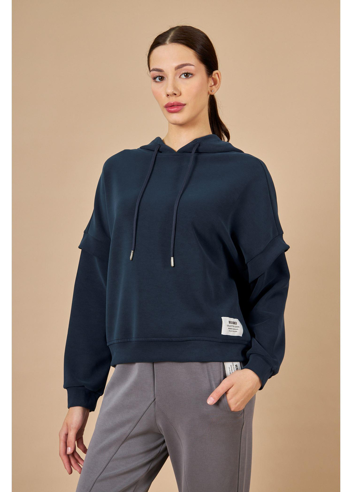 Kapüşonlu Uzun Kol Dalgıç Sweatshirt-Lacivert