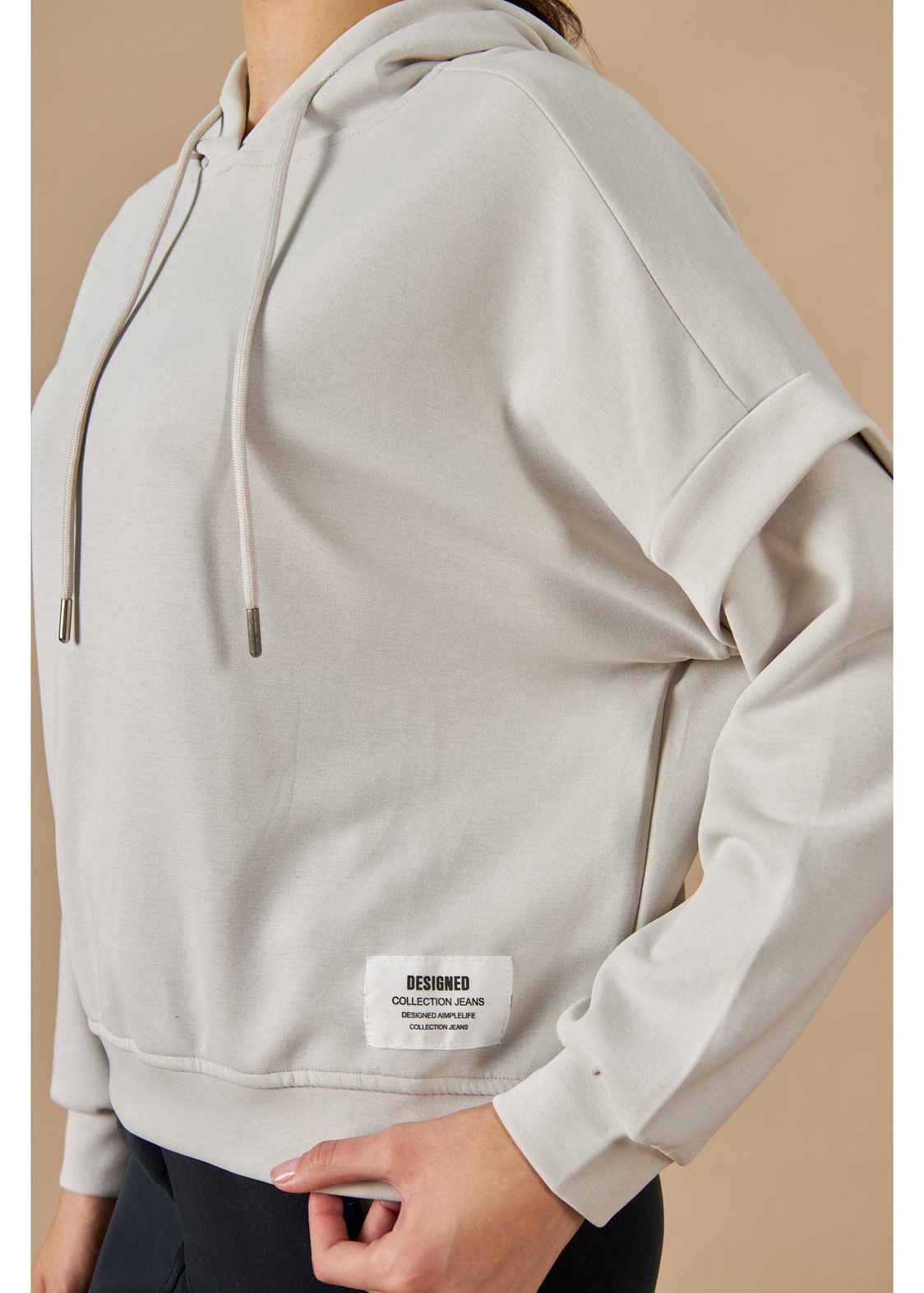 Kapüşonlu Uzun Kol Dalgıç Sweatshirt-Taş