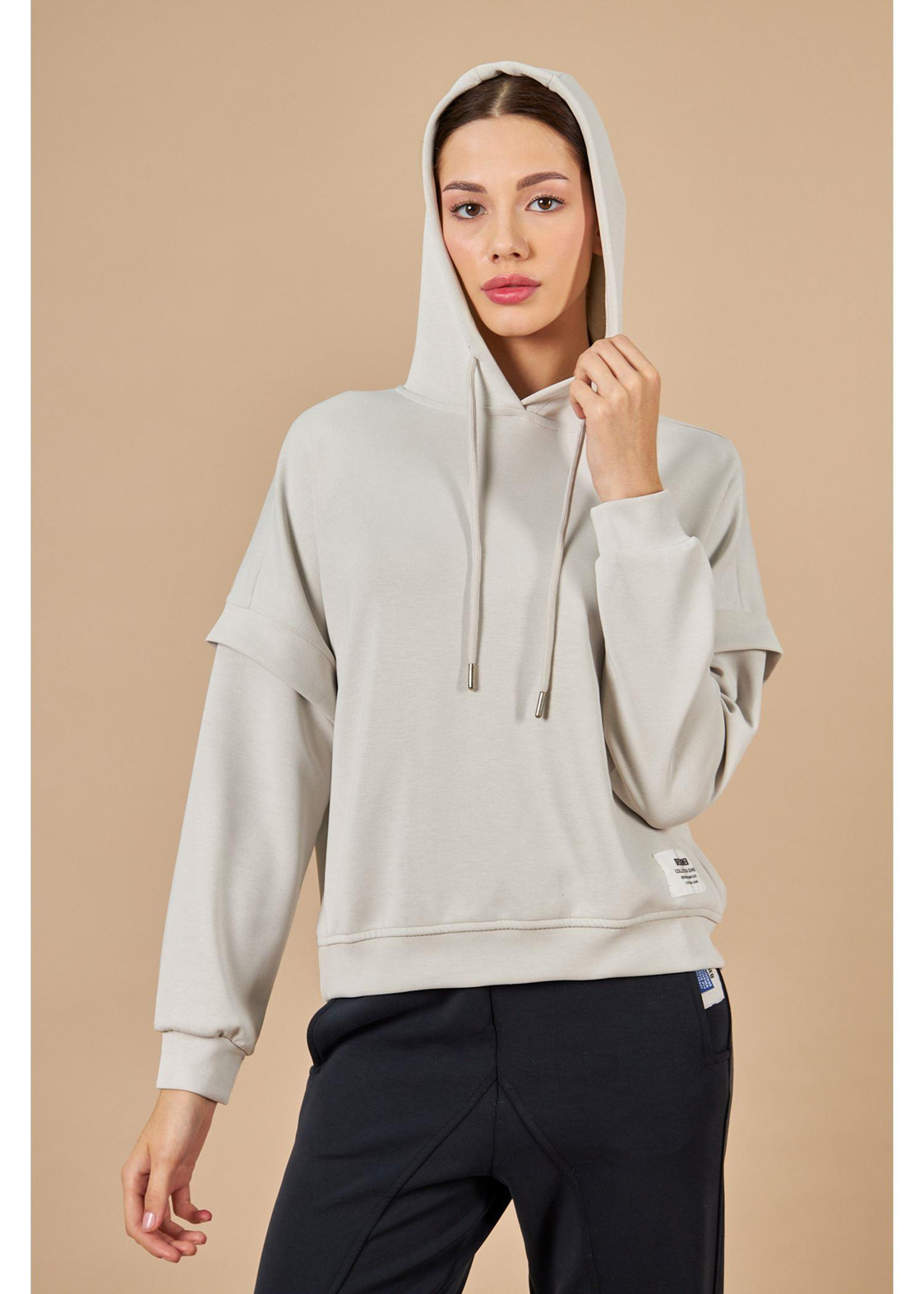 Kapüşonlu Uzun Kol Dalgıç Sweatshirt-Taş