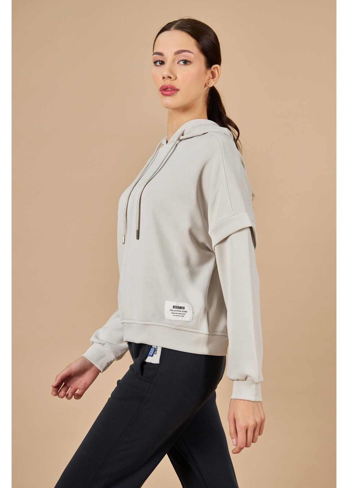Kapüşonlu Uzun Kol Dalgıç Sweatshirt-Taş