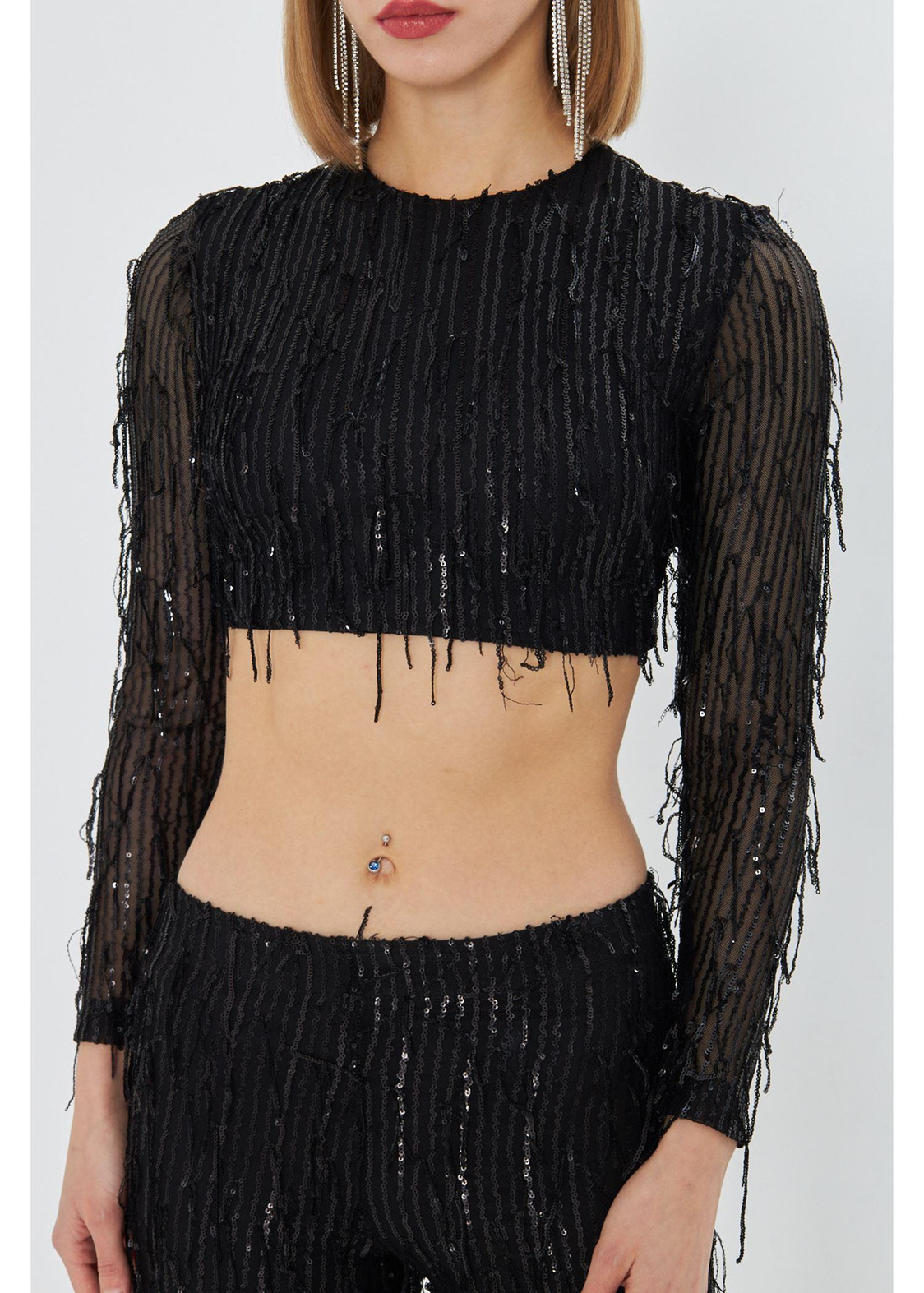 Kemer Detay Saçaklı Pul Payet Crop