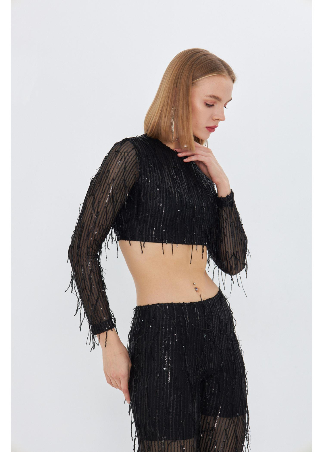 Kemer Detay Saçaklı Pul Payet Crop