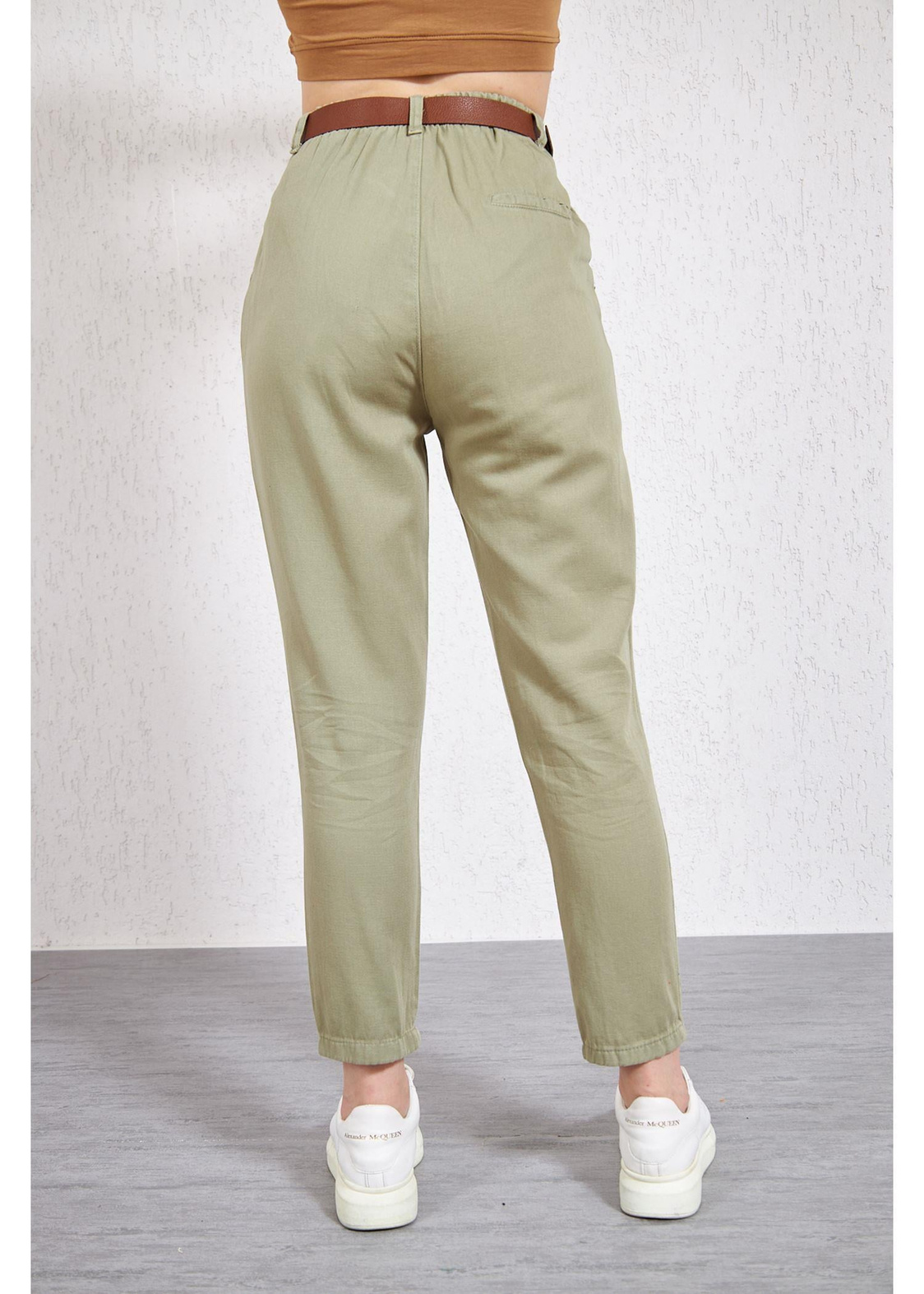 Kemerli Pileli Gabardin Pantolon-Haki
