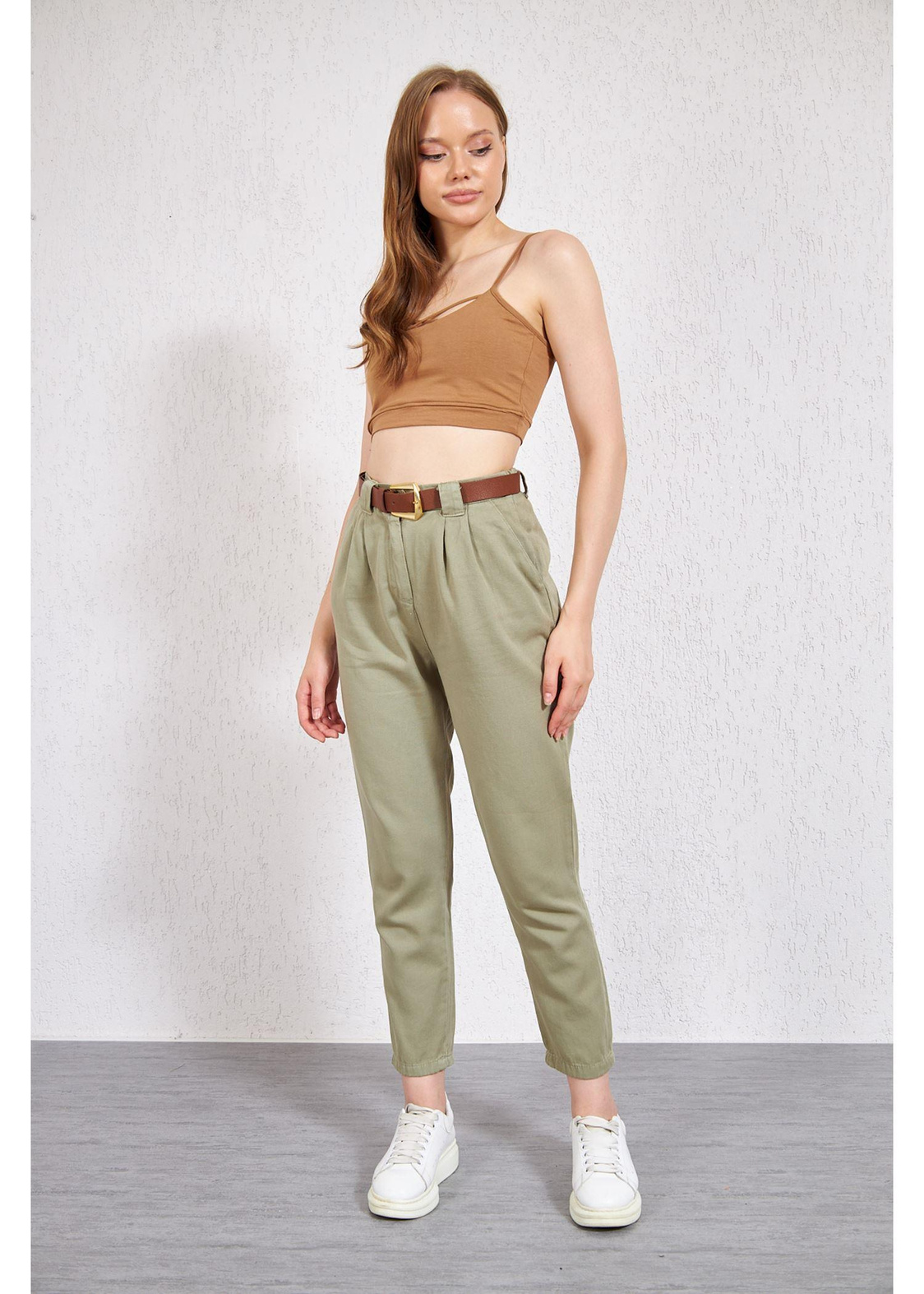 Kemerli Pileli Gabardin Pantolon-Haki