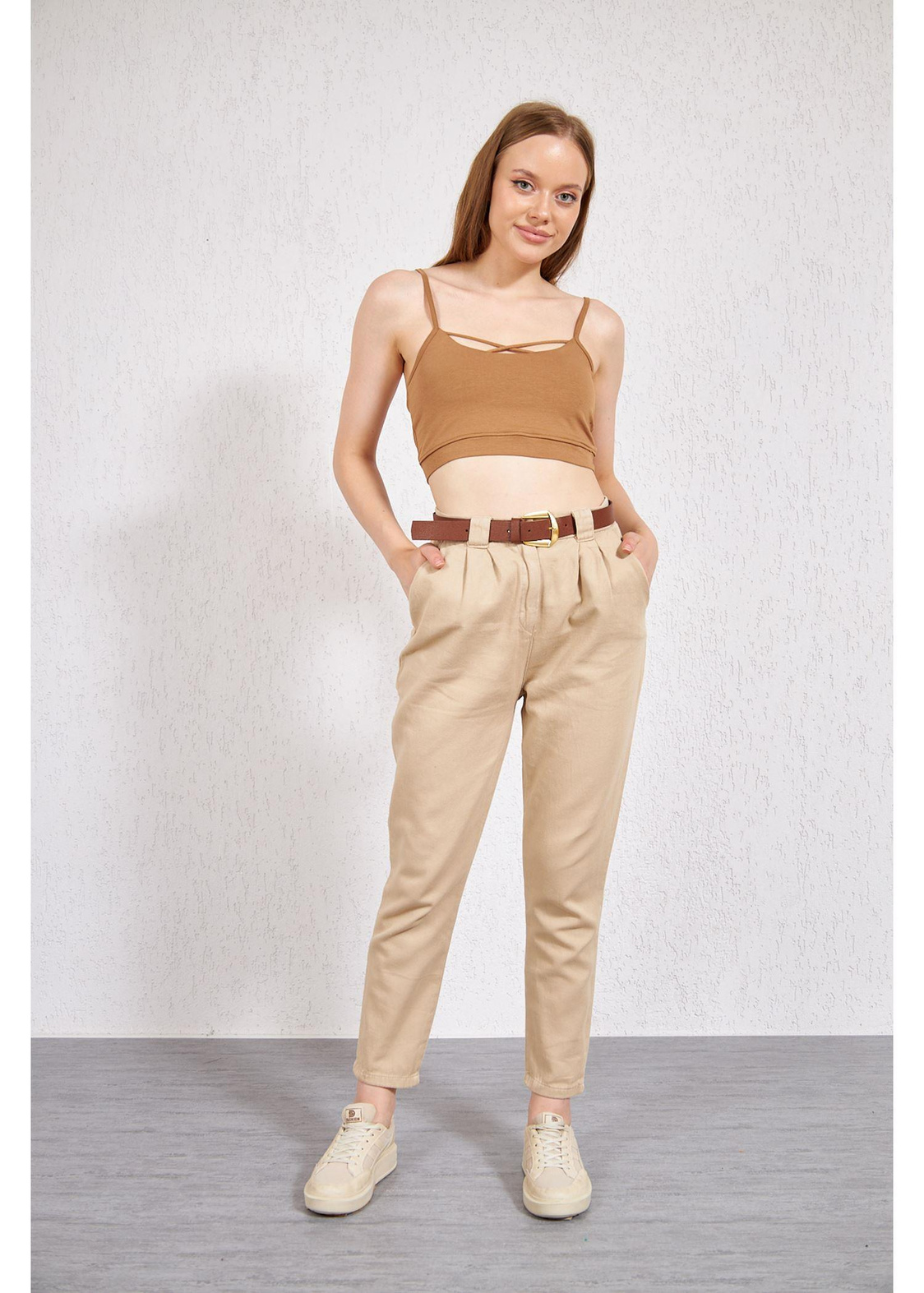 Kemerli Pileli Gabardin Pantolon-Taş