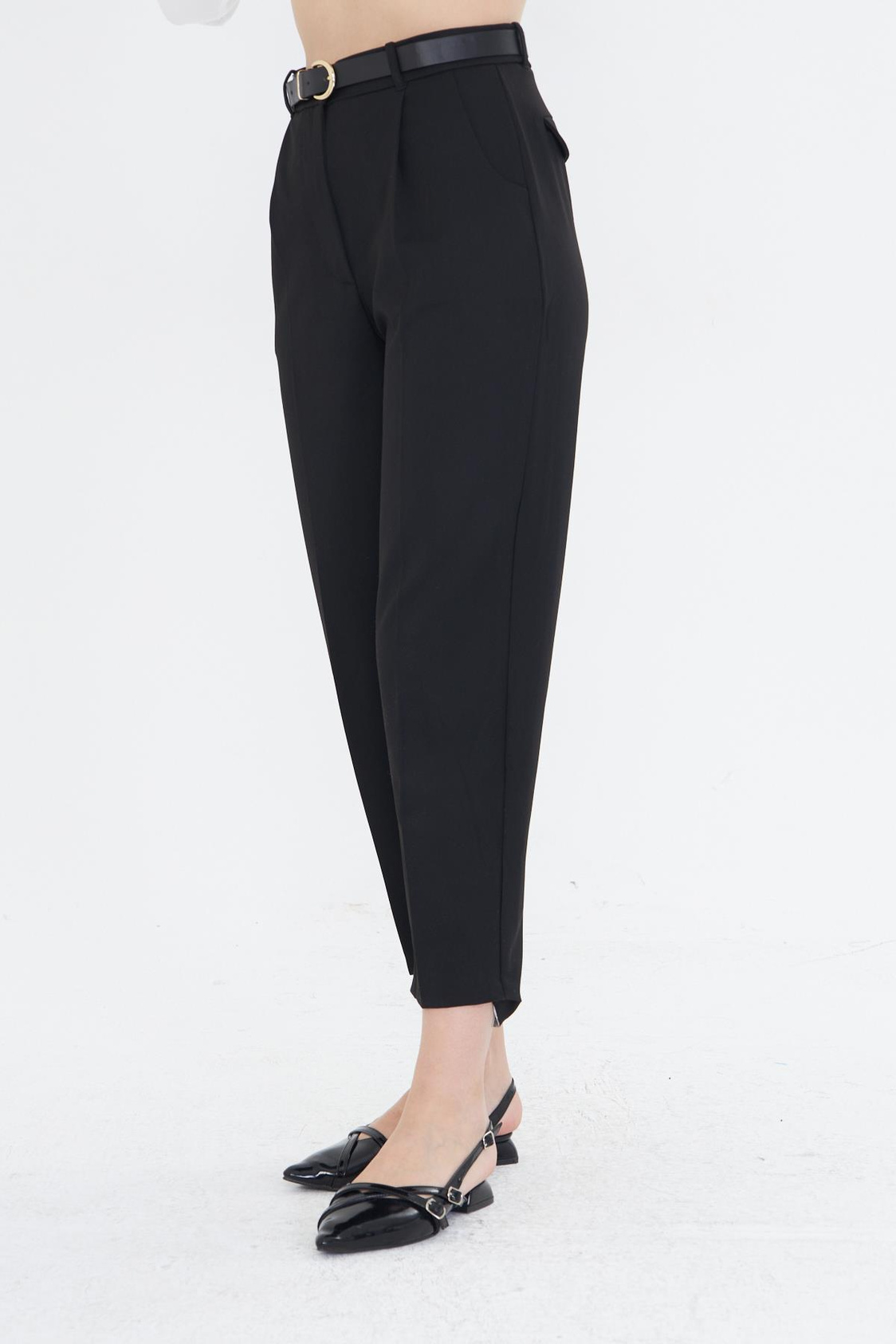 Kemerli Poliviskon Pantolon - Siyah