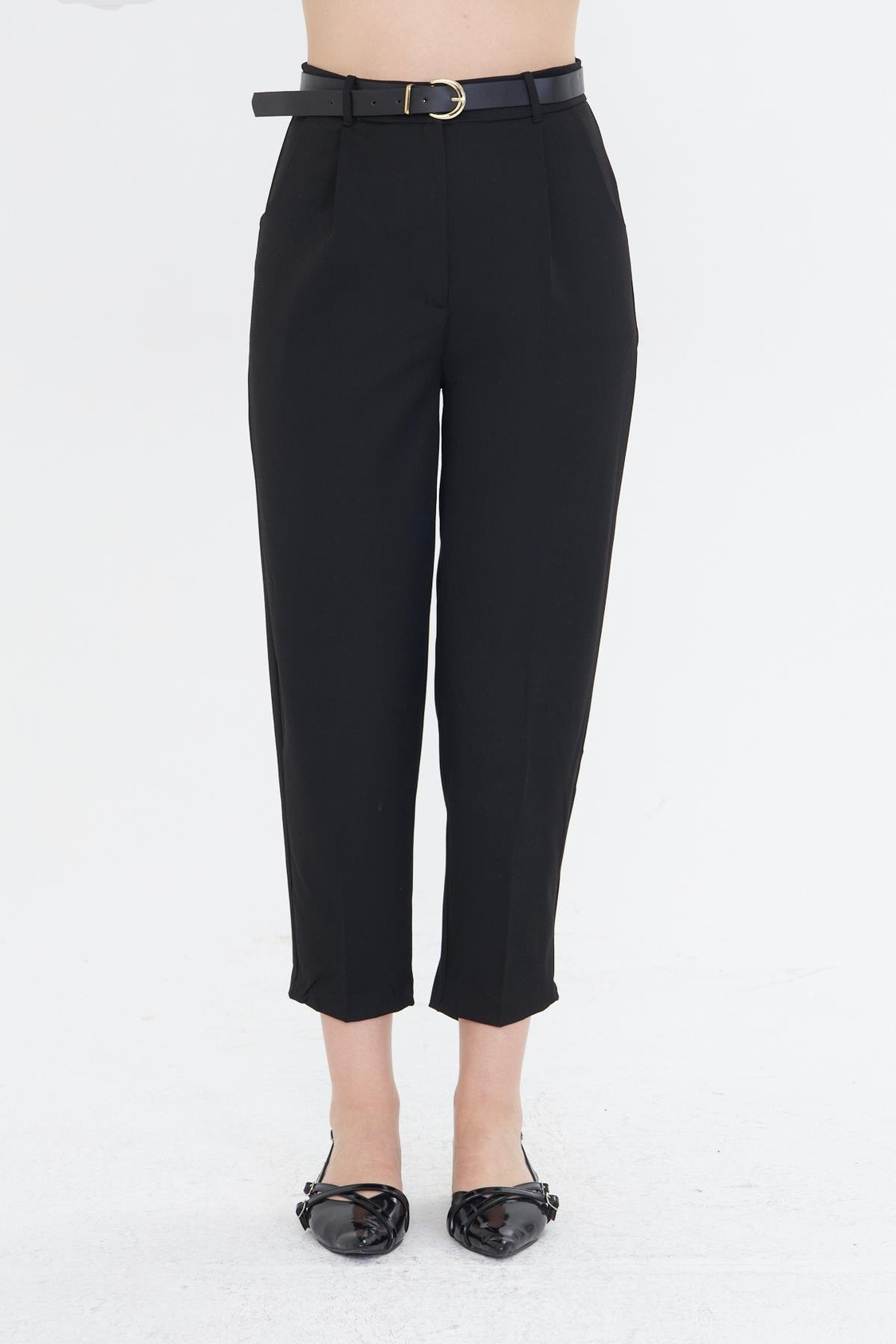 Kemerli Poliviskon Pantolon - Siyah