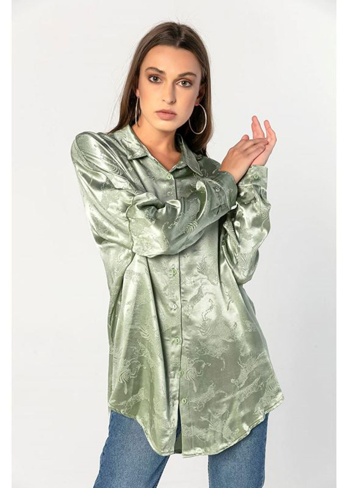 Kendinden Desenli, Saten Oversize Gömlek-Mint