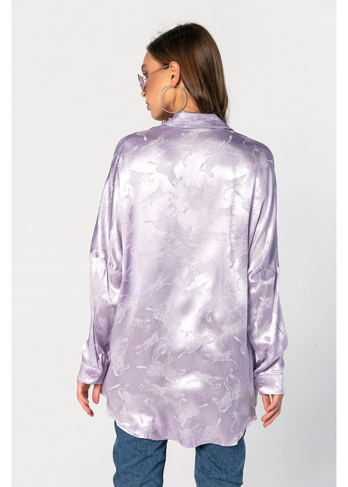 Kendinden Desenli, Saten Oversize Gömlek-Lila