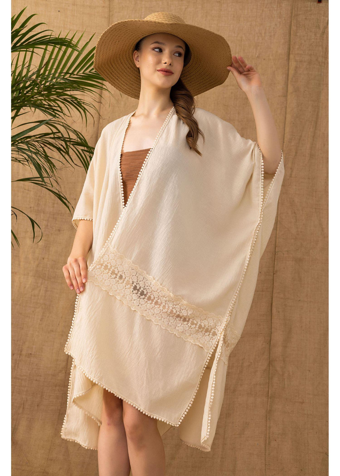 Keten Dantelli Kimono-Bej